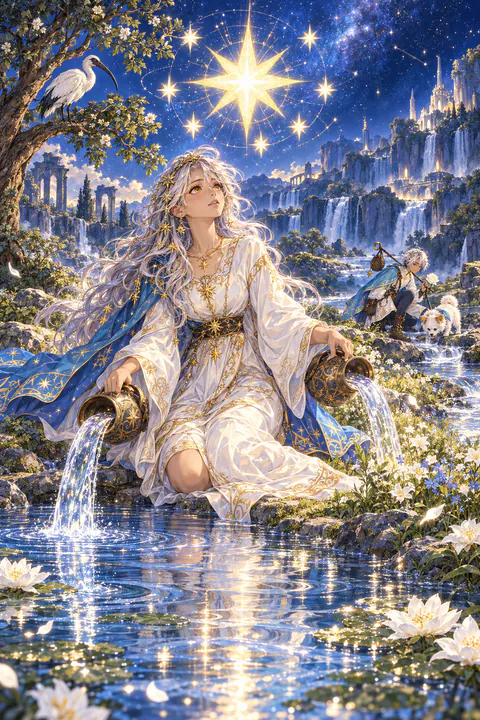 The Star. A woman kneels unclothed beside a pool, pouring water from one jug into the pool and from another onto the land. Above her shines a great eight-pointed star surrounded by seven smaller stars. In the background, an ibis rests in a tree on a gentle hill.