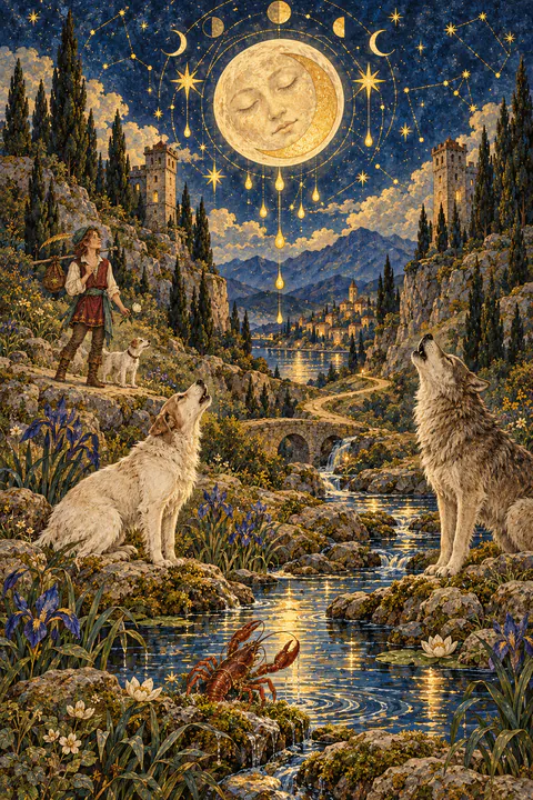 The Moon. A full moon with a sleeping face hangs in the sky, a crescent tucked within it, as drops of light fall toward the earth. Below, a dog and a wolf howl upward while a crayfish crawls out of a pool. A winding path leads between two towers toward distant hills.