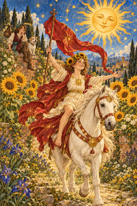 The Sun. A large, radiant sun with a friendly face shines over tall sunflowers peeking above a brick wall. A smiling child rides a white horse, arms open wide, holding a flowing red banner. The sky is clear and bright.
